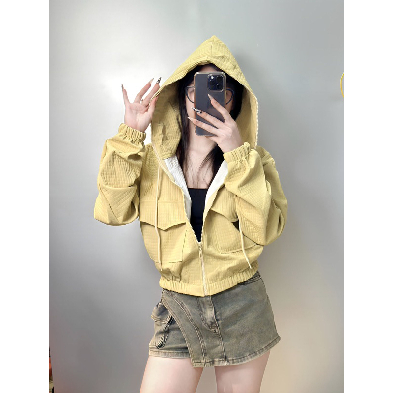 Áo khoác caro 2da mới form lửng có nón_Bee