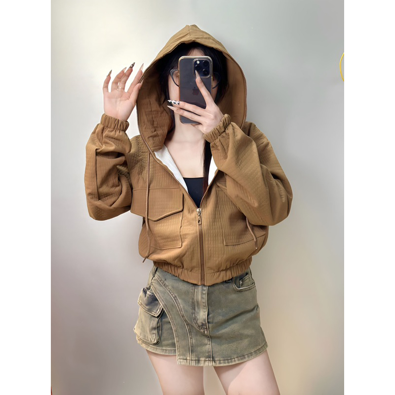Áo khoác caro 2da mới form lửng có nón_Bee