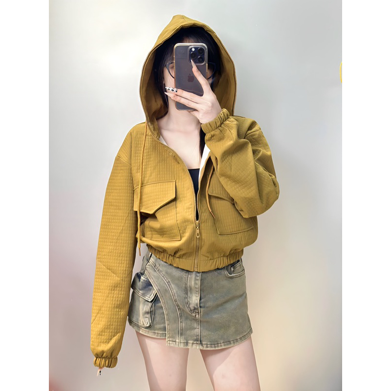 Áo khoác caro 2da mới form lửng có nón_Bee