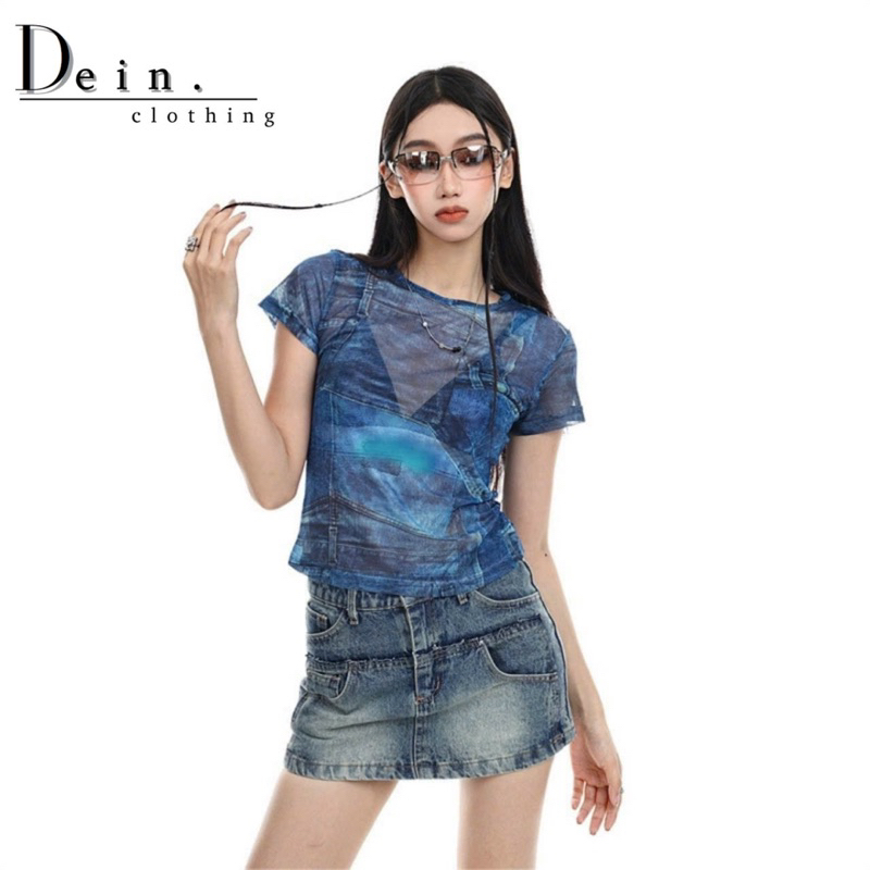 Áo croptop ĐEINN dáng ôm body tay ngắn họa tiết loang xuyên thấu gợi cảm, quyến rũ