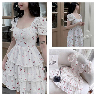 Đầm Xốp in hoa cao cấp 3 tần tay phồng cổ vuông có mút ngực siêu xinh