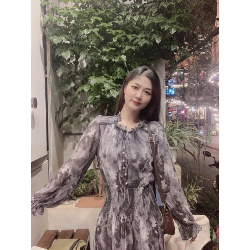 Váy hoa nữ dáng dài công sở, đầm maxi dài tay chất voan tơ 2 lớp LA CHIC