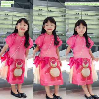 Váy bé gái, Sét 3ct áo dài gấu dâu - chân váy kèm túi nơ 10 đến 30kg