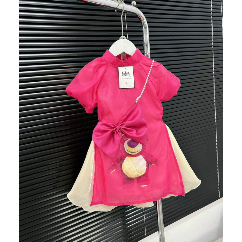 Váy bé gái, Sét 3ct áo dài gấu dâu - chân váy kèm túi nơ 10 đến 30kg