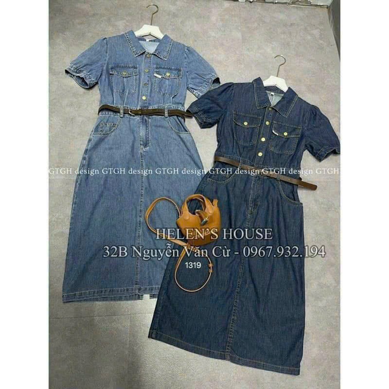 Đầm váy nữ dáng dài jeans cổ sơ mi tay phồng kèm đai siêu xinh với tone màu nhạt - đậm dành cho các nàng yêu