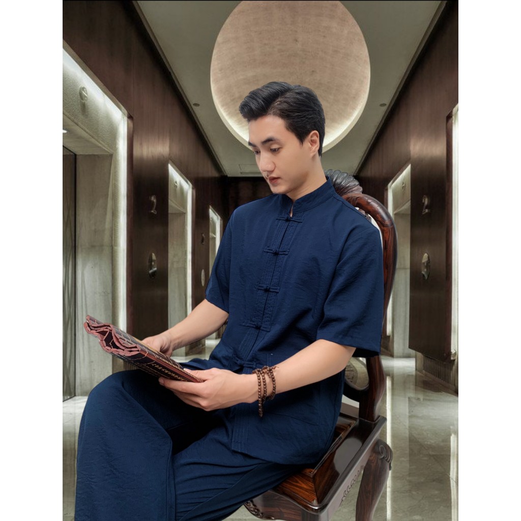 Bộ đũi nam đi chùa trung niên cao cấp phong cách lãnh tụ