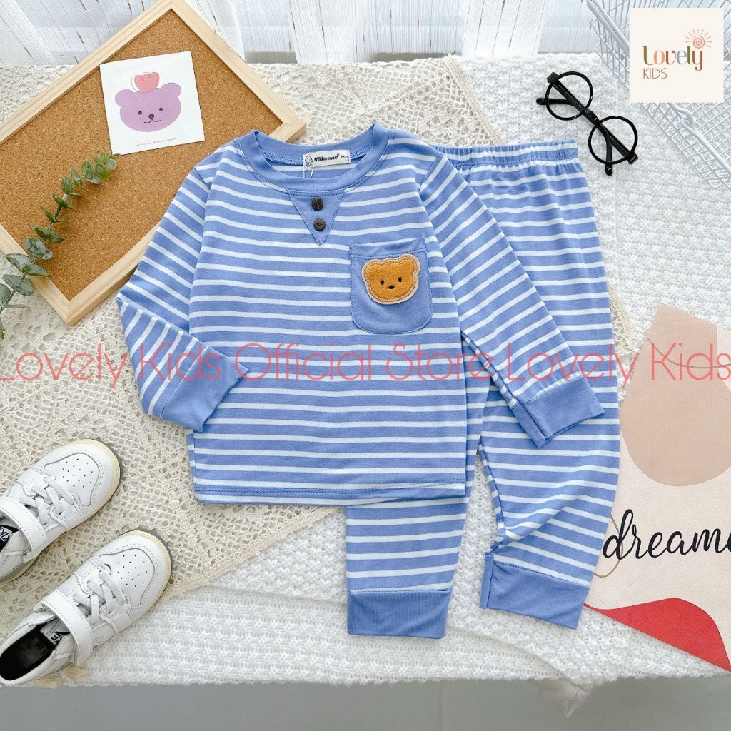 Bộ quần áo thu đông dài tay, mặc điều hòa, vải thun lạnh mềm, co giãn, phối kẻ sọc cho bé trai, bé gái BD83