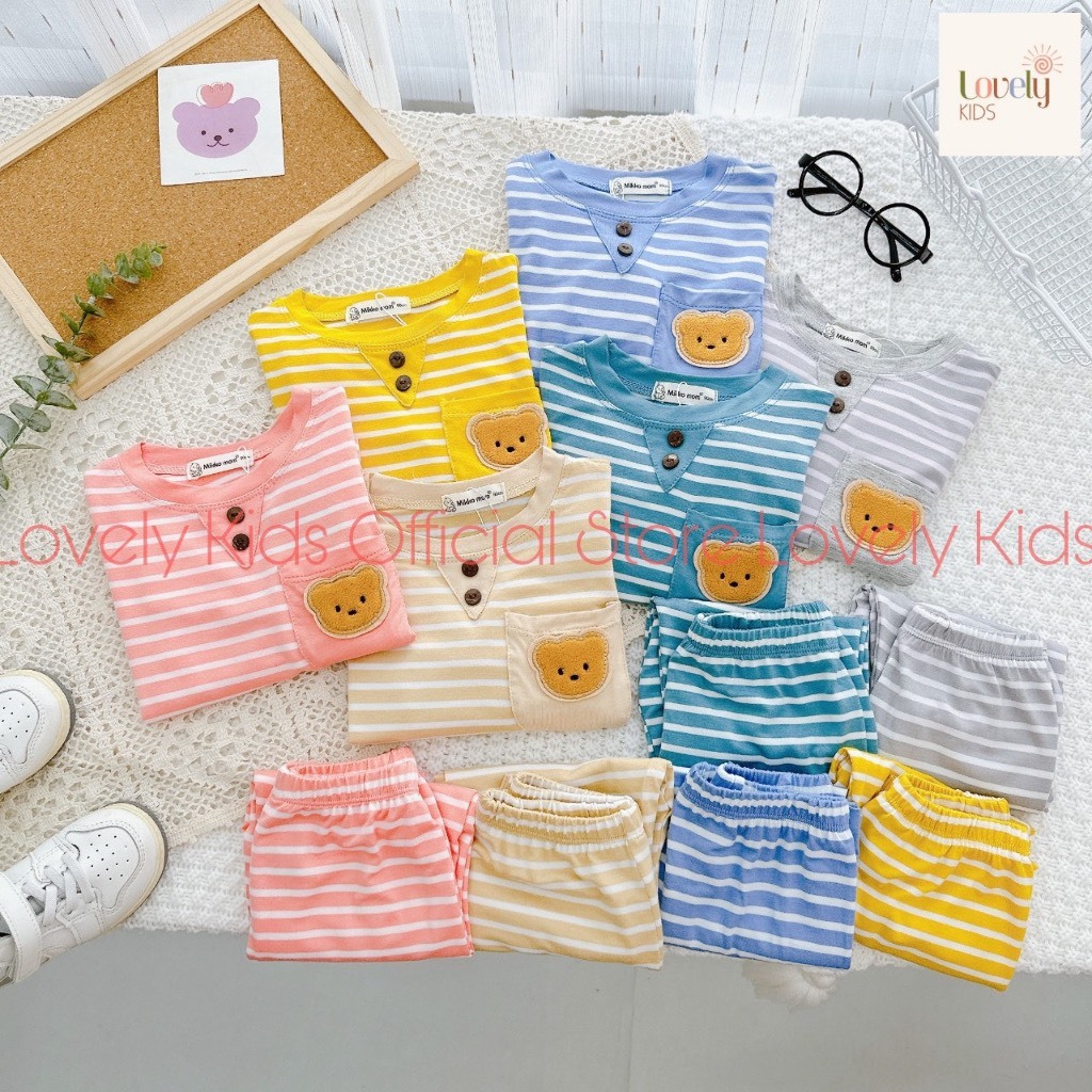 Bộ quần áo thu đông dài tay, mặc điều hòa, vải thun lạnh mềm, co giãn, phối kẻ sọc cho bé trai, bé gái BD83