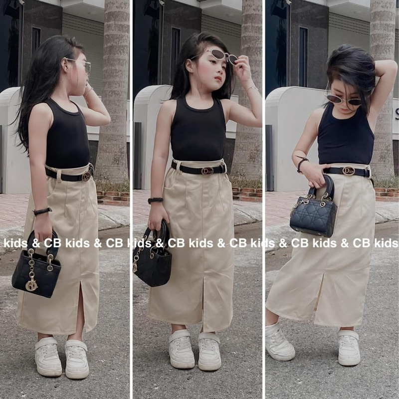 Chân váy thiết kế vải kaki mềm, co giản kết hợp áo dài tay or sát nách cho bé gái