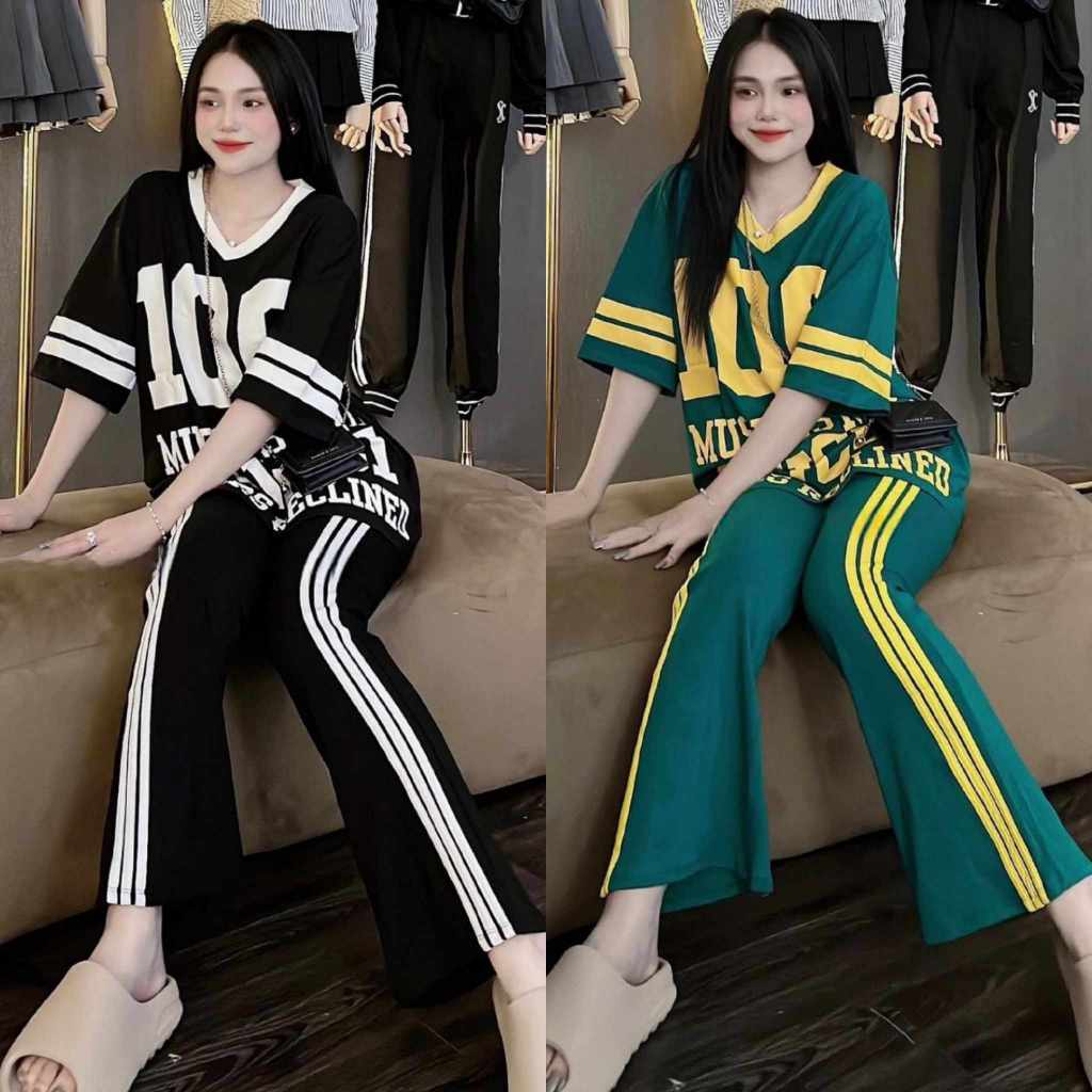 Đồ bộ nữ, set đồ bộ quần ống loe đai cao, áo ngắn tay form rộng vải thun gân tăm lạnh dày in số 100, bộ đồ mặc ở nhà nữ