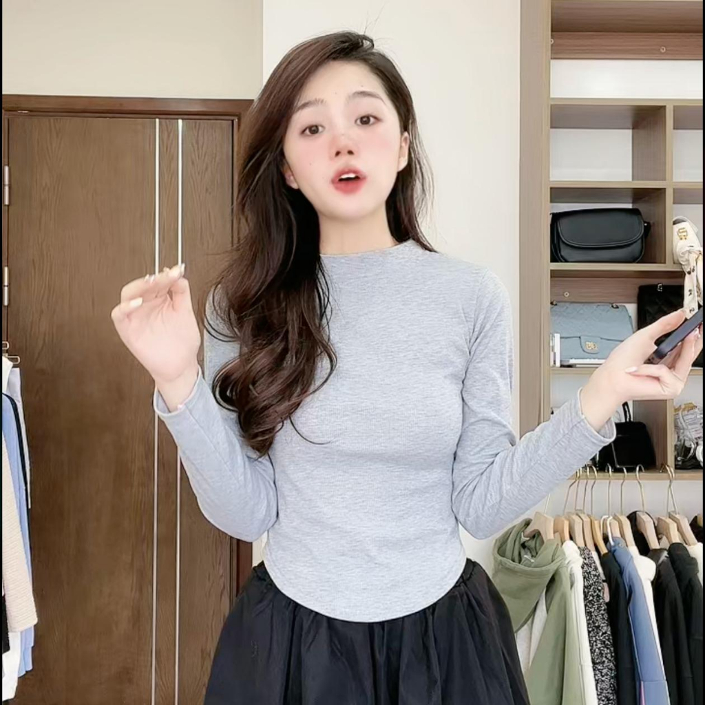 Áo tăm cổ tròn vạt bầu dài tay nữ, áo thun dáng ôm body dài tay kiểu dáng bánh bèo tiểu thư hotgirl phong cách hàn quốc