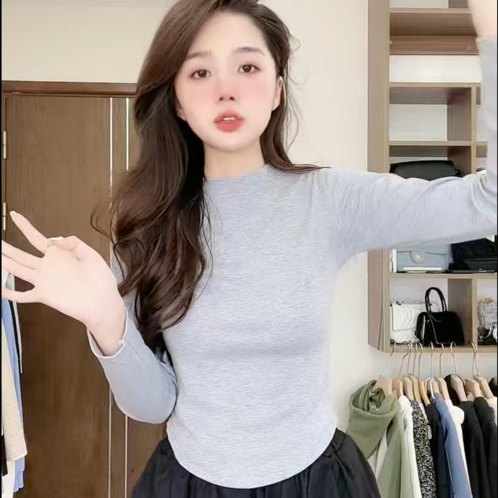 Áo tăm cổ tròn vạt bầu dài tay nữ, áo thun dáng ôm body dài tay kiểu dáng bánh bèo tiểu thư hotgirl phong cách hàn quốc