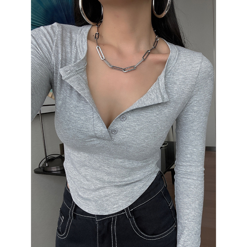 Áo dài tay vạt bầu phối khuy nhiều màu nữ,áo thun kiểu dáng ôm body bánh bèo tiểu thư hotgirl phong cách sexy cá tính