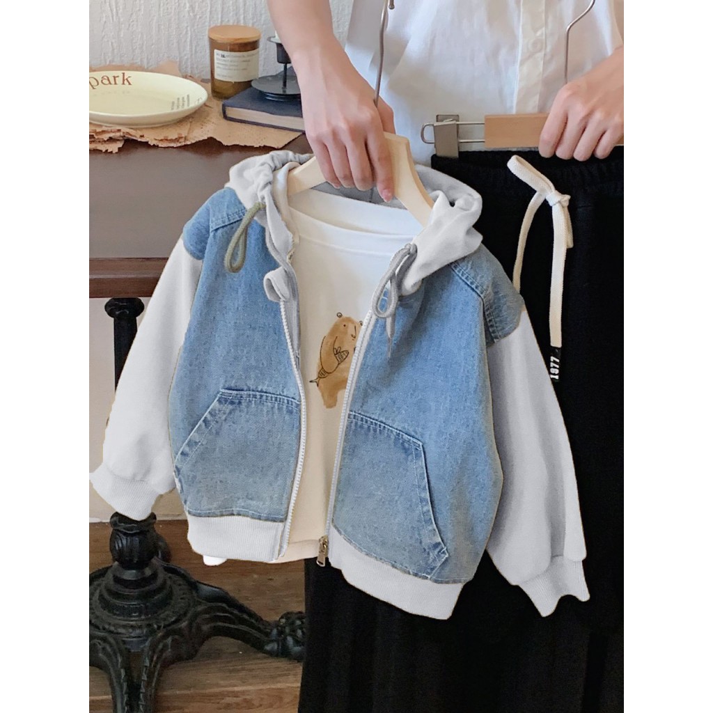 ÁO KHOÁC BÒ KHOÁC JEAN PHỐI TAY GHI SÀNH ĐIỆU CHO BÉ 10-20KG