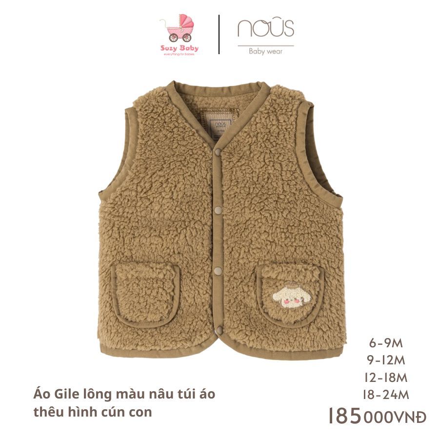 Áo Gile Nous lông màu be nhạt túi áo thêu hình gấu