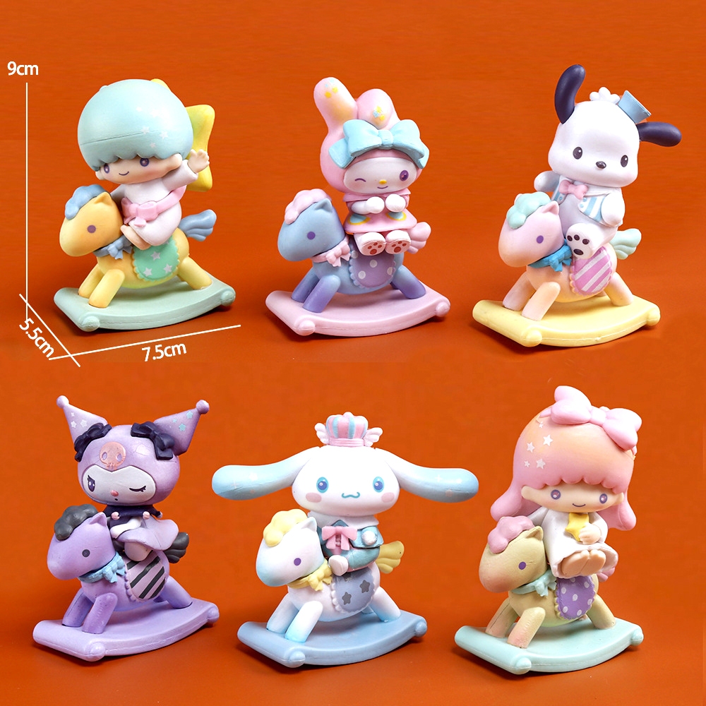 Sanrio anime, búp bê mô hình ngựa bập bênh. Bộ sưu tập nhân vật Sanrio cưỡi ngựa đáng yêu. Mô hình trang trí Sanrio
