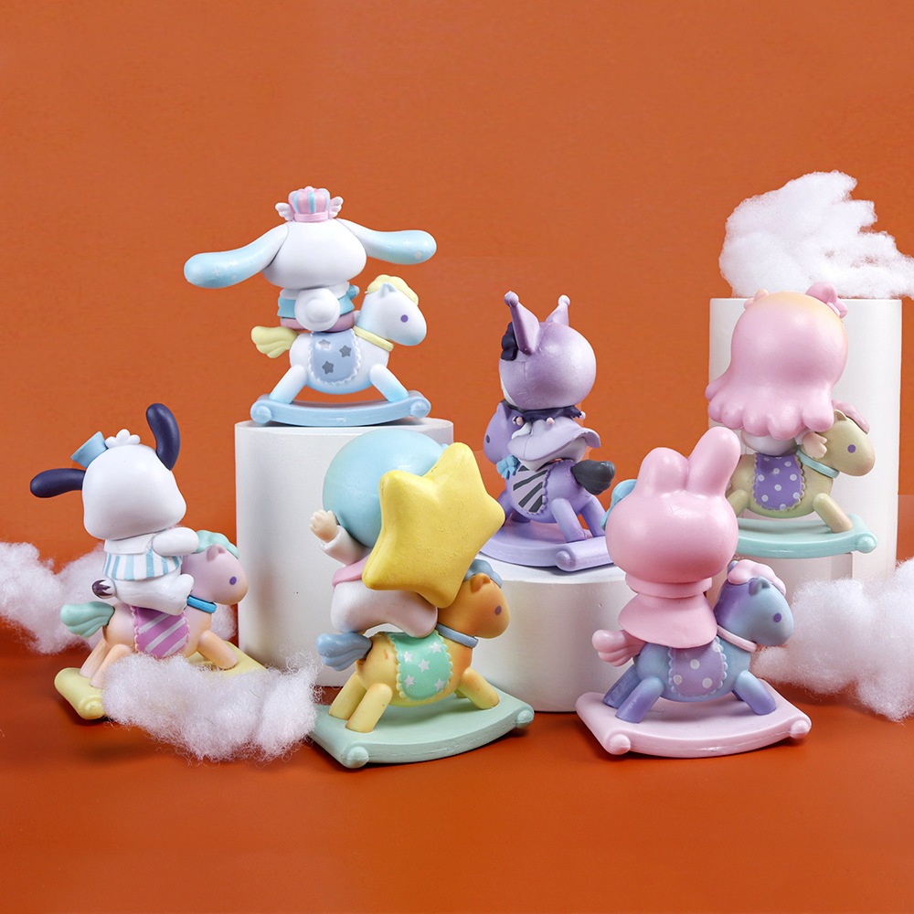 Sanrio anime, búp bê mô hình ngựa bập bênh. Bộ sưu tập nhân vật Sanrio cưỡi ngựa đáng yêu. Mô hình trang trí Sanrio