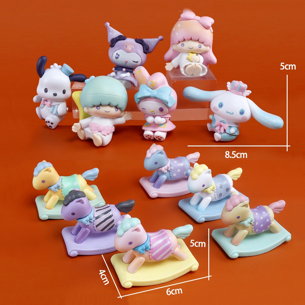 Sanrio anime, búp bê mô hình ngựa bập bênh. Bộ sưu tập nhân vật Sanrio cưỡi ngựa đáng yêu. Mô hình trang trí Sanrio