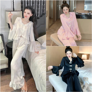 Sét đồ bộ pijama tiểu thư tay loe nút tàu cánh hoa chất lụa latin siêu mềm mịn