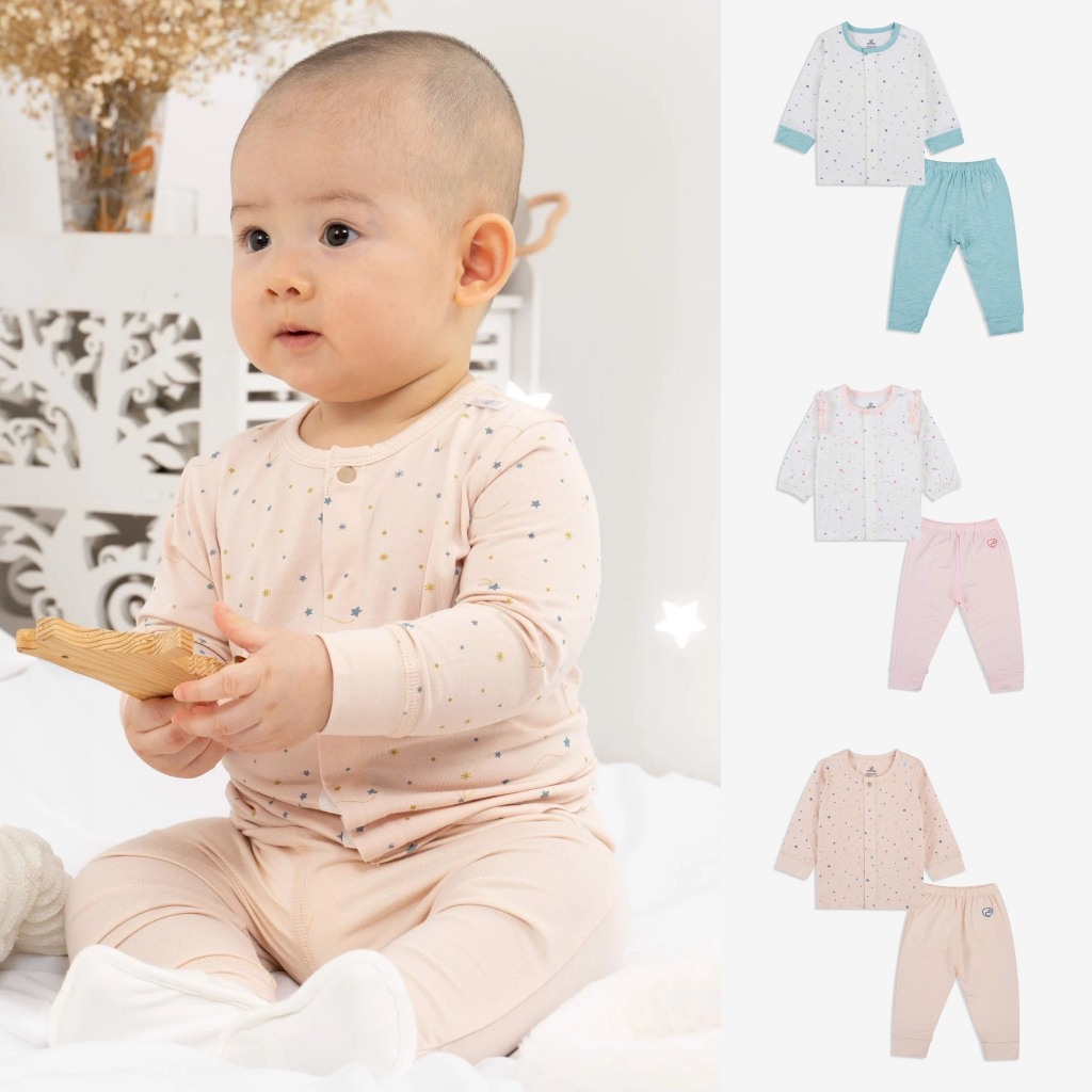 Bộ quần áo dài tay sơ sinh cài giữa chất liệu Bambus Bu