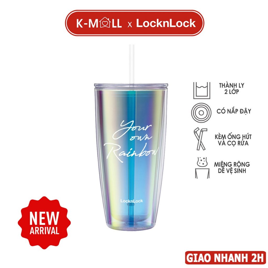 Ly nhựa 2 lớp Lock&Lock 750ml HAP507WHTH - Màu Trắng Mới, kèm ống hút và cọ rửa Rainbow double wall cold cup - K-MALL