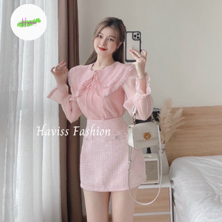 Áo sơ mi nữ dài tay Haviss cổ tròn 2 tầng phối ren dáng dài  thiết kế tiểu thư thời trang đi học, công sở