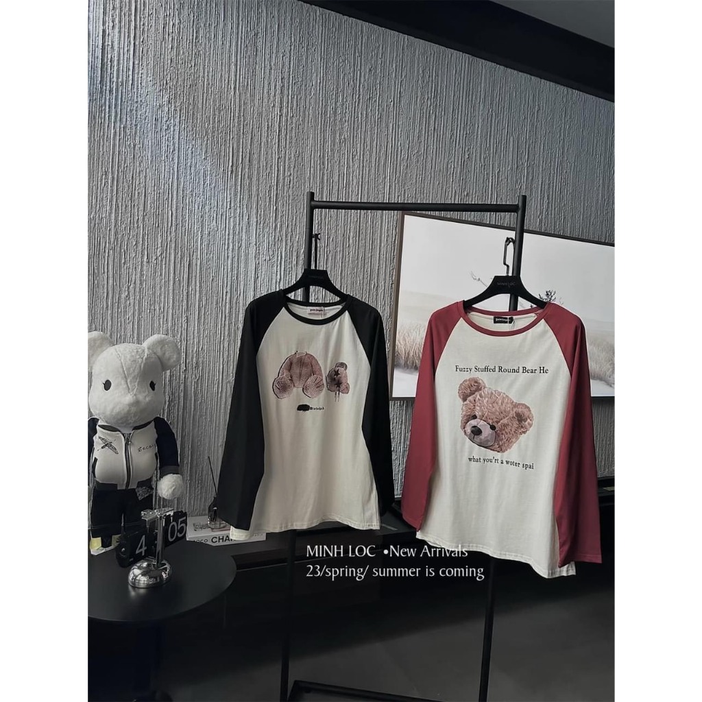 Áo Thun Nữ Dài Tay Gấu Bear 2 Kiểu Hình In Áo Phông Tay Dài Phối Màu Raglan Dáng Thụng Trùm Mông Freesize B31081