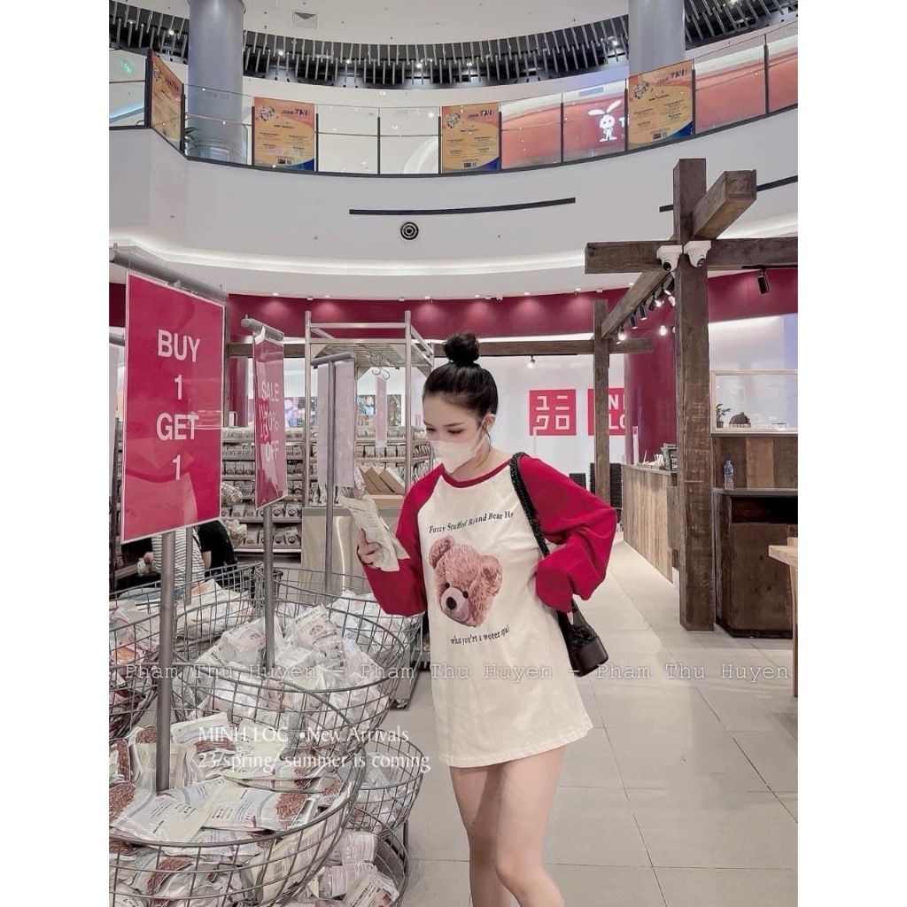 Áo Thun Nữ Dài Tay Gấu Bear 2 Kiểu Hình In Áo Phông Tay Dài Phối Màu Raglan Dáng Thụng Trùm Mông Freesize B31081