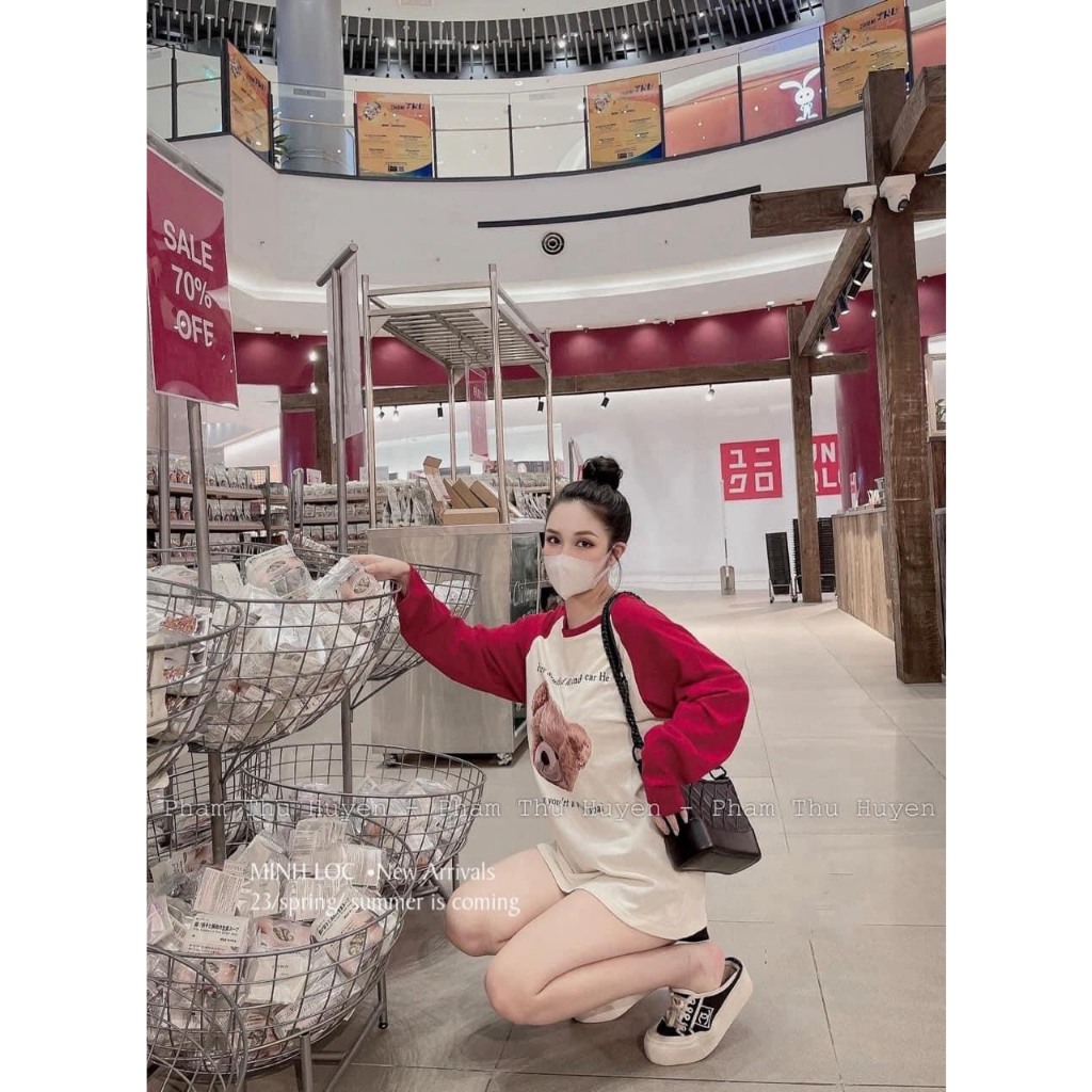 Áo Thun Nữ Dài Tay Gấu Bear 2 Kiểu Hình In Áo Phông Tay Dài Phối Màu Raglan Dáng Thụng Trùm Mông Freesize B31081