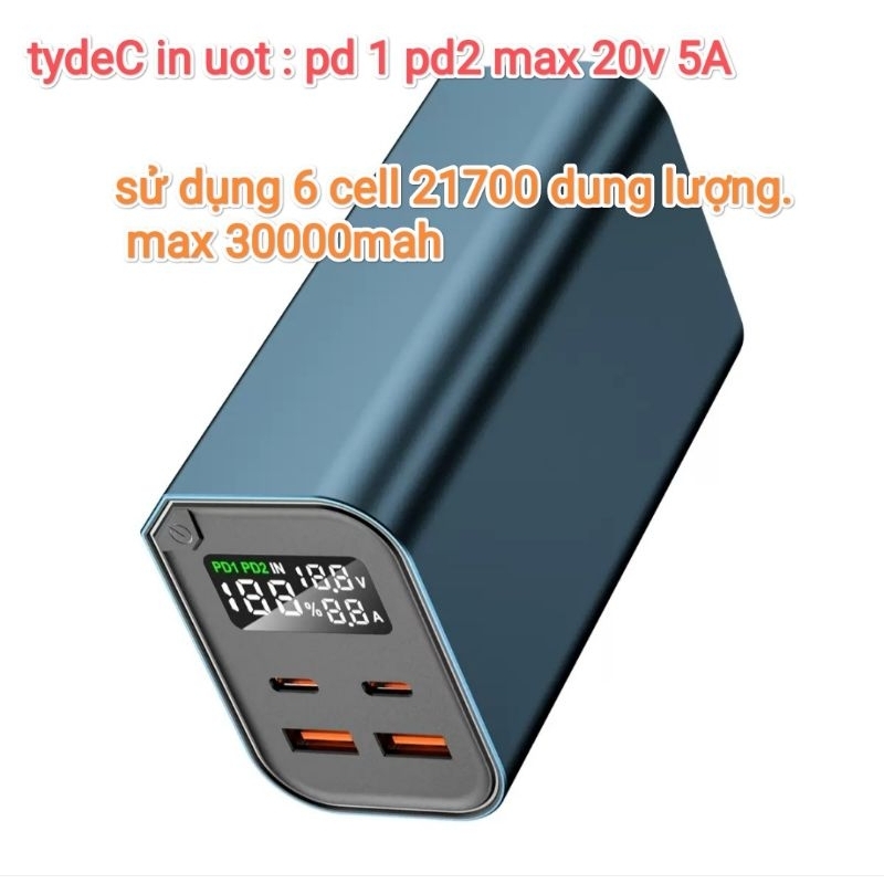 Box sạc dự phòng 160w mẫu mới tích hợp đèn led vỏ nhôm 6 cell 21700  chuyên laptop Macbook công xuất cao