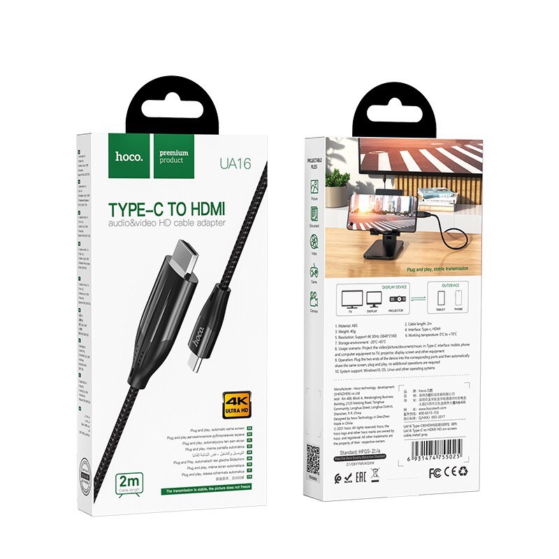 Dây cáp chuyển đổi Type C HDMI sang Hoco UA16 dây dài 2m độ nét 4k cáp bện chống đứt