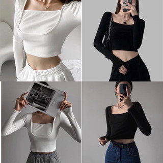 Áo croptop cổ vuông Tú Cẩm bán sỉ.Áo croptop tay dài dáng ôm body thun gân co giãn
