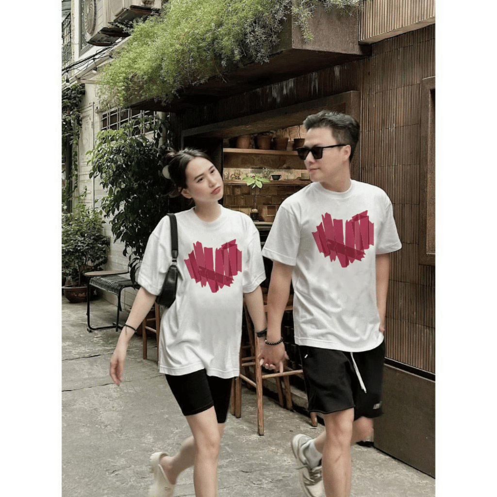 Áo thun gia đình nam nữ màu đen trắng trái tim to