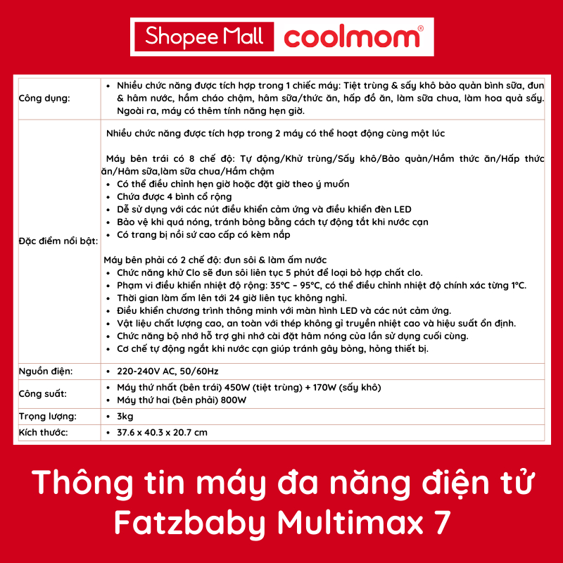 Máy đa năng điện tử Fatzbaby Multimax 7 FB9302TN (tiệt trùng sấy khô, hâm sữa, hầm chậm, làm sữa chua, đun nước pha sữa)