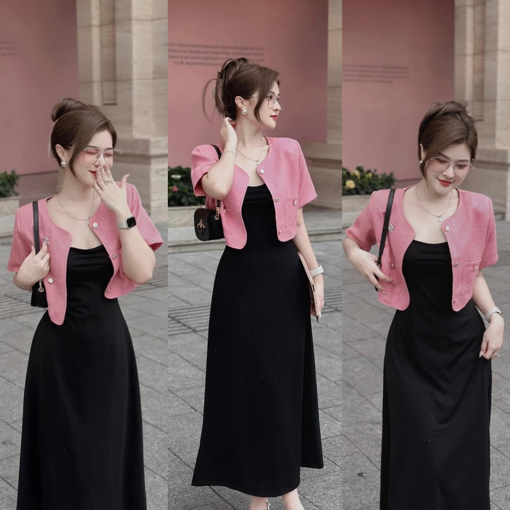Set bộ đồ nữ váy 2 dây thun đen trơn mix áo khoác lenin hồng croptop tone màu phối xinh xắn dành cho các nàng