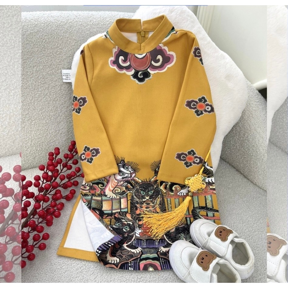 Áo dài cách tân họa tiết Ngũ hổ liệu chất nhung tăm hàn cao cấp cho bé trai từ 9-37 kg, áo dài tết xẻ tà cho bé