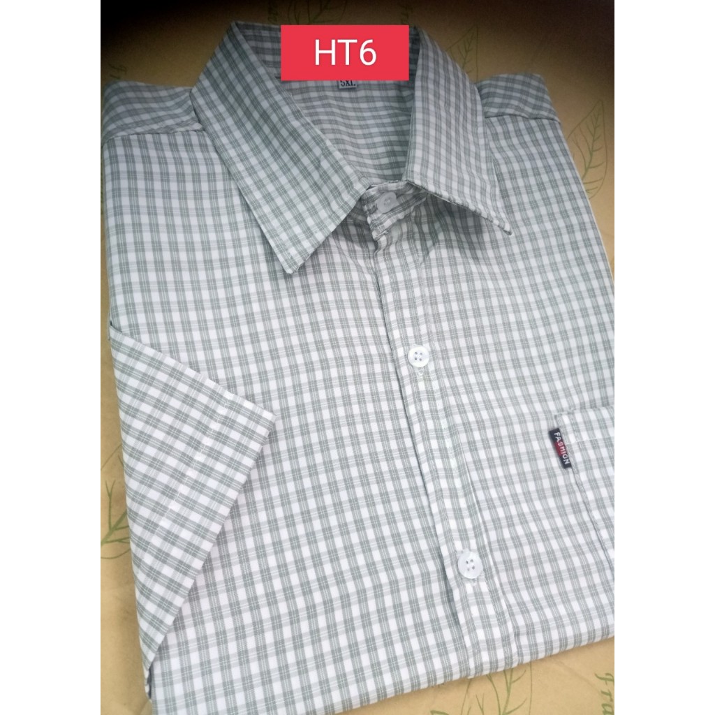 Aó sơ mi nam caro, họa tiết trung niên tay ngắn, phom rộng, vạt ngang, vải dày mặc mắt, có túi