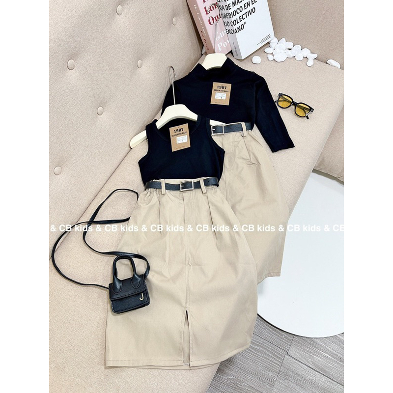 Chân váy thiết kế vải kaki mềm, co giản kết hợp áo dài tay or sát nách cho bé gái