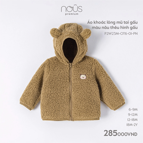 Áo khoác lông mũ tai gấu thỏ thêu hình cho bé 6M-18M