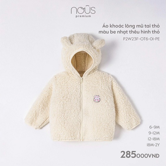Áo khoác lông mũ tai gấu thỏ thêu hình cho bé 6M-18M