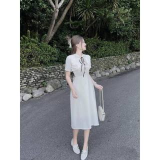 SÉT ĐẦM DÂY XẾP LY PHỐI ÁO NƠ ĐEN DÀI