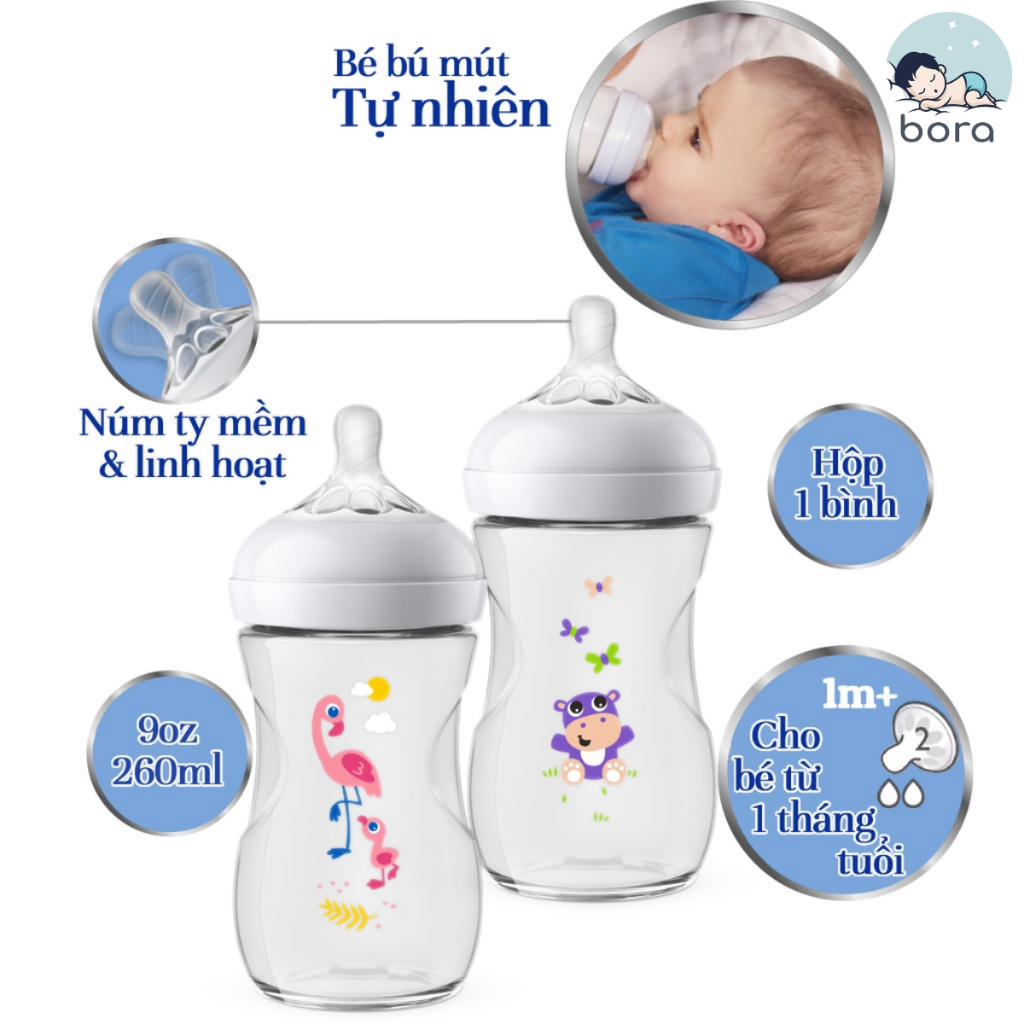 Bình sữa Avent Natural họa tiết 260ml [Được chọn núm 0 - Y][Cam kết chính hãng]