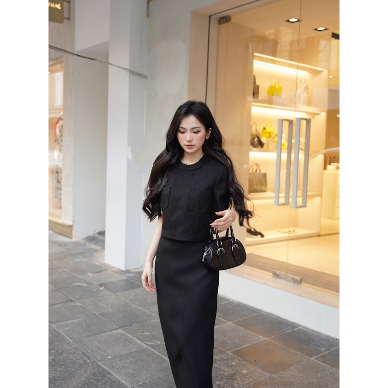 Set áo cổ tròn tay ngắn croptop chân váy dài thời trang thiết kế đầm nữ UP2 workshop Ribbon Set