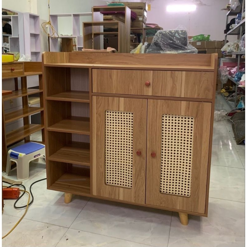 Tủ giày dép nhiều ngăn kết hợp mây đan mắt cáo tự nhiên phong cách Bắc Âu ND51