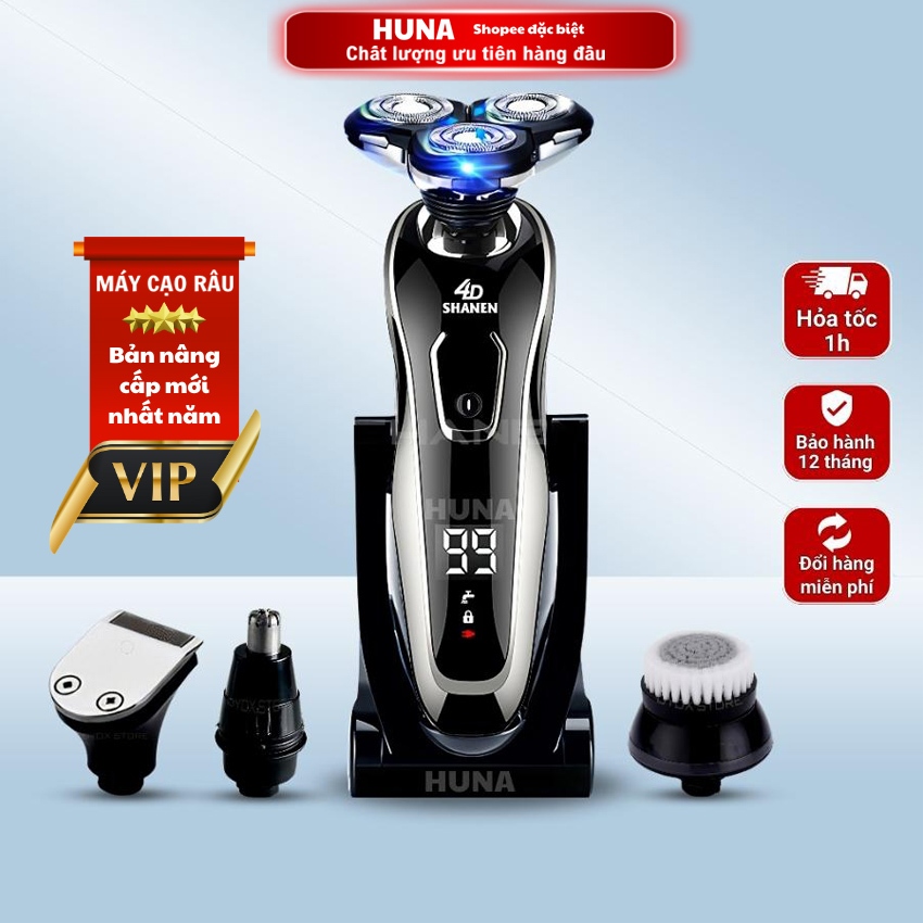 Máy cạo râu 3 lưỡi kep HUNA máy cạo râu đa năng , cạo cực êm, sát, tỉa lông mũi, sạch Pin sạc, chống nước MD3