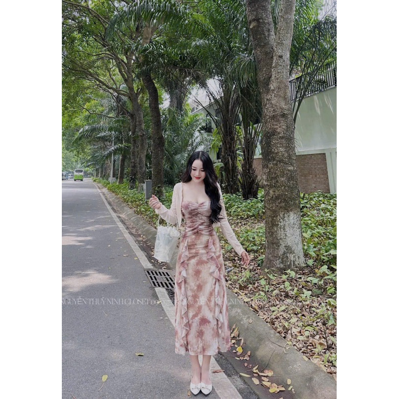 Đầm thời trang nữ mặc đi chơi chất thun nhập loang màu 2 dây maxi bèo kèm khoác trắng thun gân tay dài 3 màu