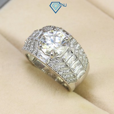 Nhẫn bạc nam Moissanite 9ly xi bạch kim kèm thẻ tra cứu đá sang trọng NNAM0048 - Trang Sức TNJ