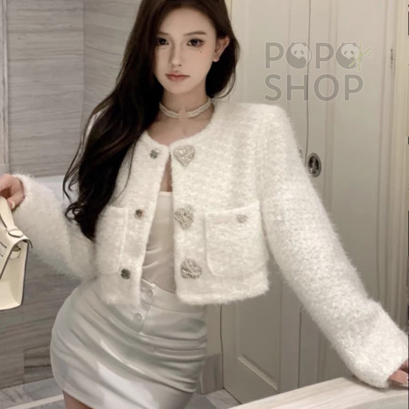 Áo khoác dạ croptop khuy trái tim bling siêu xinh, sang chảnh, áo khoác dạ đứng form trẻ trung