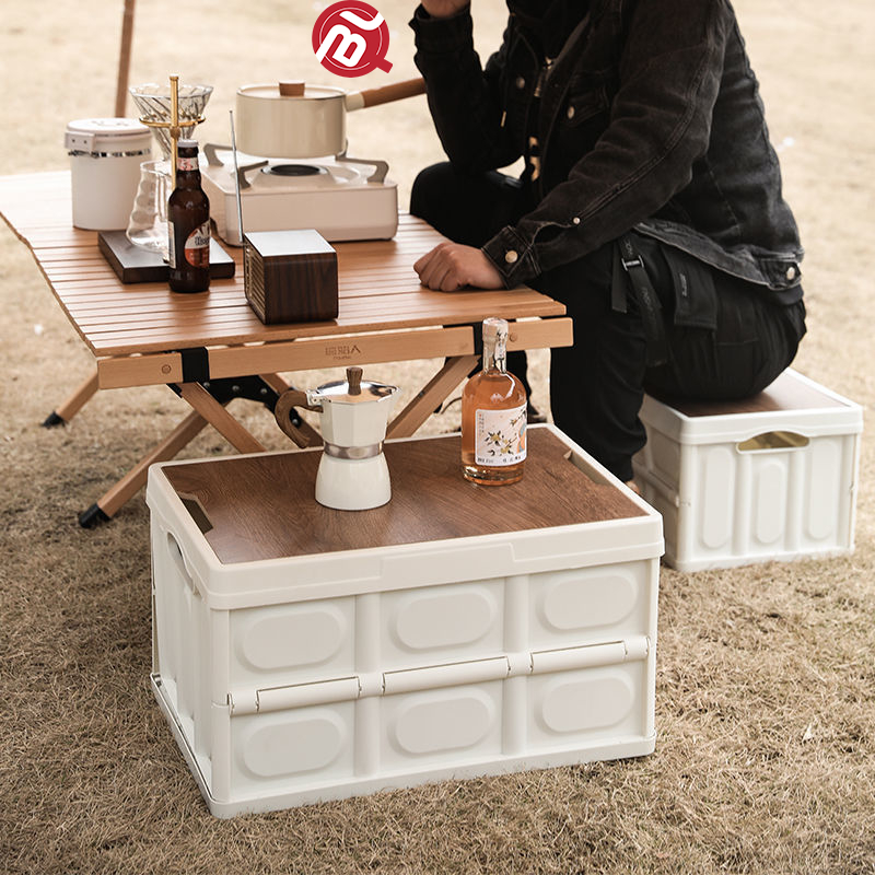 Bàn camping gấp gọn, hộp đựng đồ đa năng bằng nhựa, nắp vân gỗ để đi cắm trại, dã ngoại, picnic
