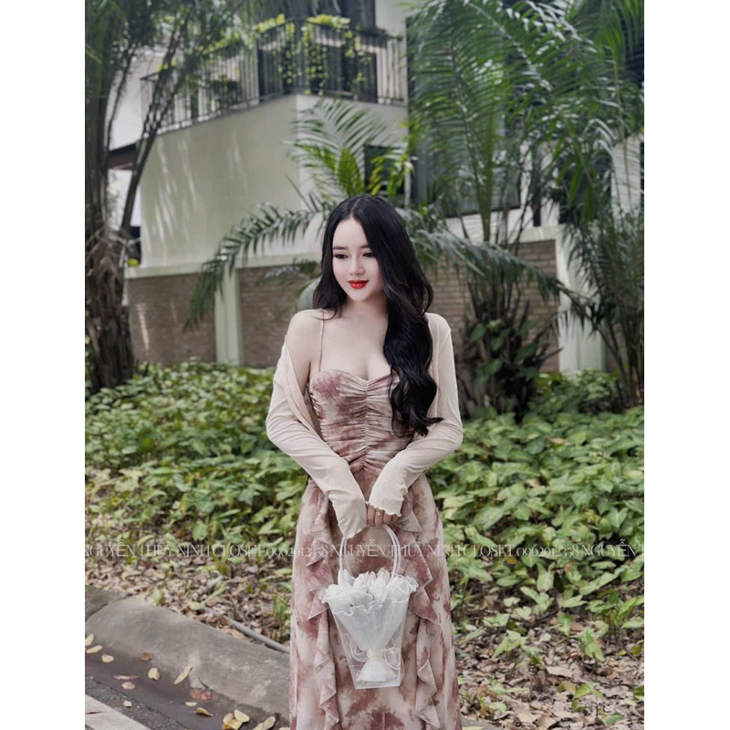 Đầm thời trang nữ mặc đi chơi chất thun nhập loang màu 2 dây maxi bèo kèm khoác trắng thun gân tay dài 3 màu